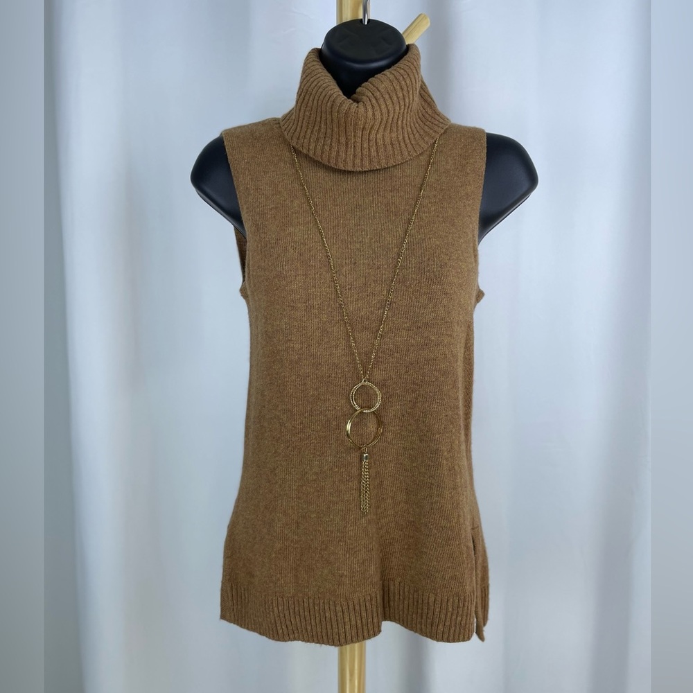 J. Crew Sleeveless Brown Turtleneck with Split Sides (necklace not included)